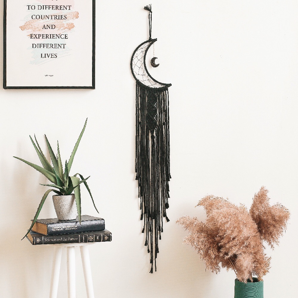 Boho Macrame Woven Wall Moon Decor With Led Lights - Picture 4 of 5